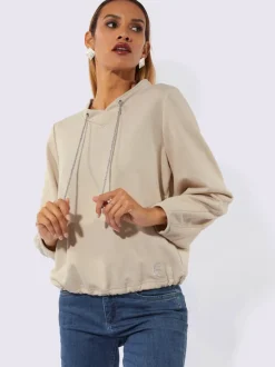 Sweatshirt doux brillant col V encolure ajustable manches ballon