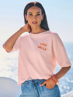 Sweatshirt à encolure ronde avec broderie Ciao Bella et manches courtes
