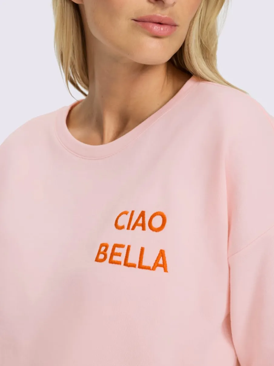 Sweatshirt à encolure ronde avec broderie Ciao Bella et manches courtes