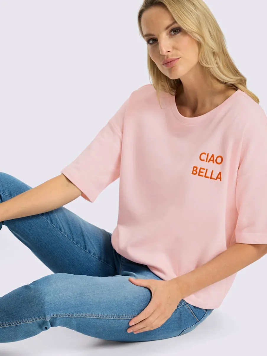 Sweatshirt à encolure ronde avec broderie Ciao Bella et manches courtes