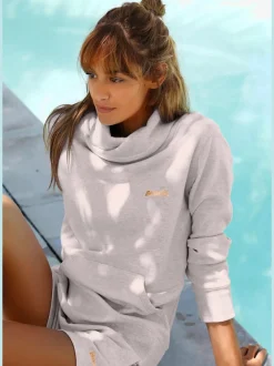 Sweatshirt long à col revers avec poche kangourou et logo cuivre
