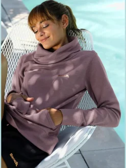 Sweatshirt long à col revers avec poche kangourou et logo cuivre