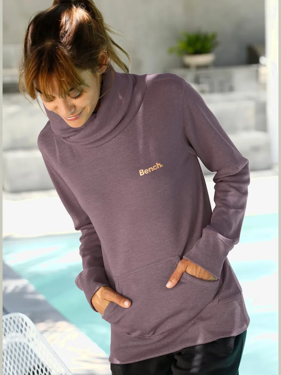 Sweatshirt long à col revers avec poche kangourou et logo cuivre