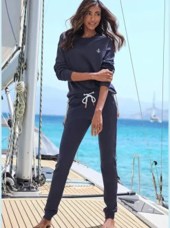 Sweatshirt à manches longues avec broderie ancre et cordon à l'ourlet