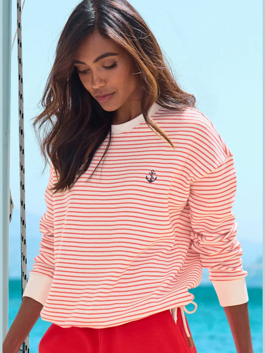 Sweatshirt rayé à encolure ronde et manches longues avec broderie