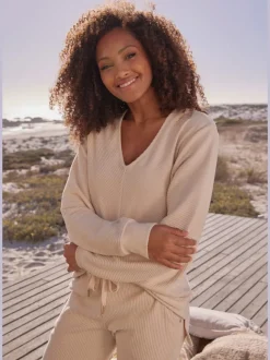 Sweatshirts avec encolure en V manches longues en coton