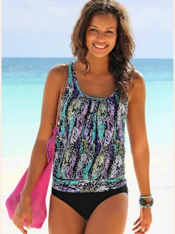 Tankini ample à motifs plumes avec bretelles réglables et haut oversize