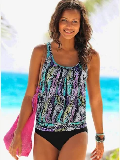 Tankini ample à motifs plumes avec bretelles réglables et haut oversize