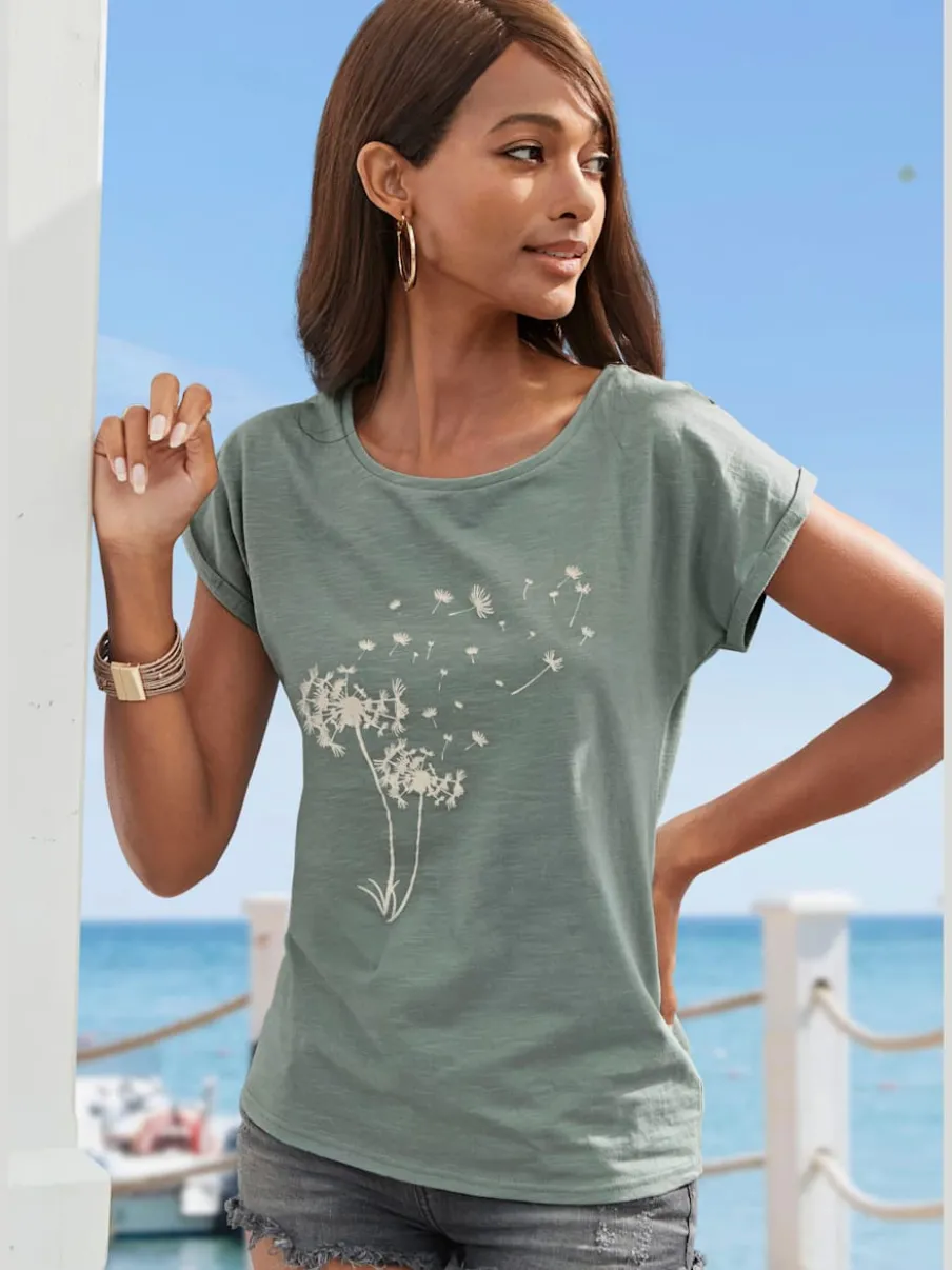 T-shirt ample encolure ronde avec impression pissenlit et manches courtes
