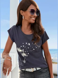 T-shirt ample encolure ronde avec impression pissenlit et manches courtes