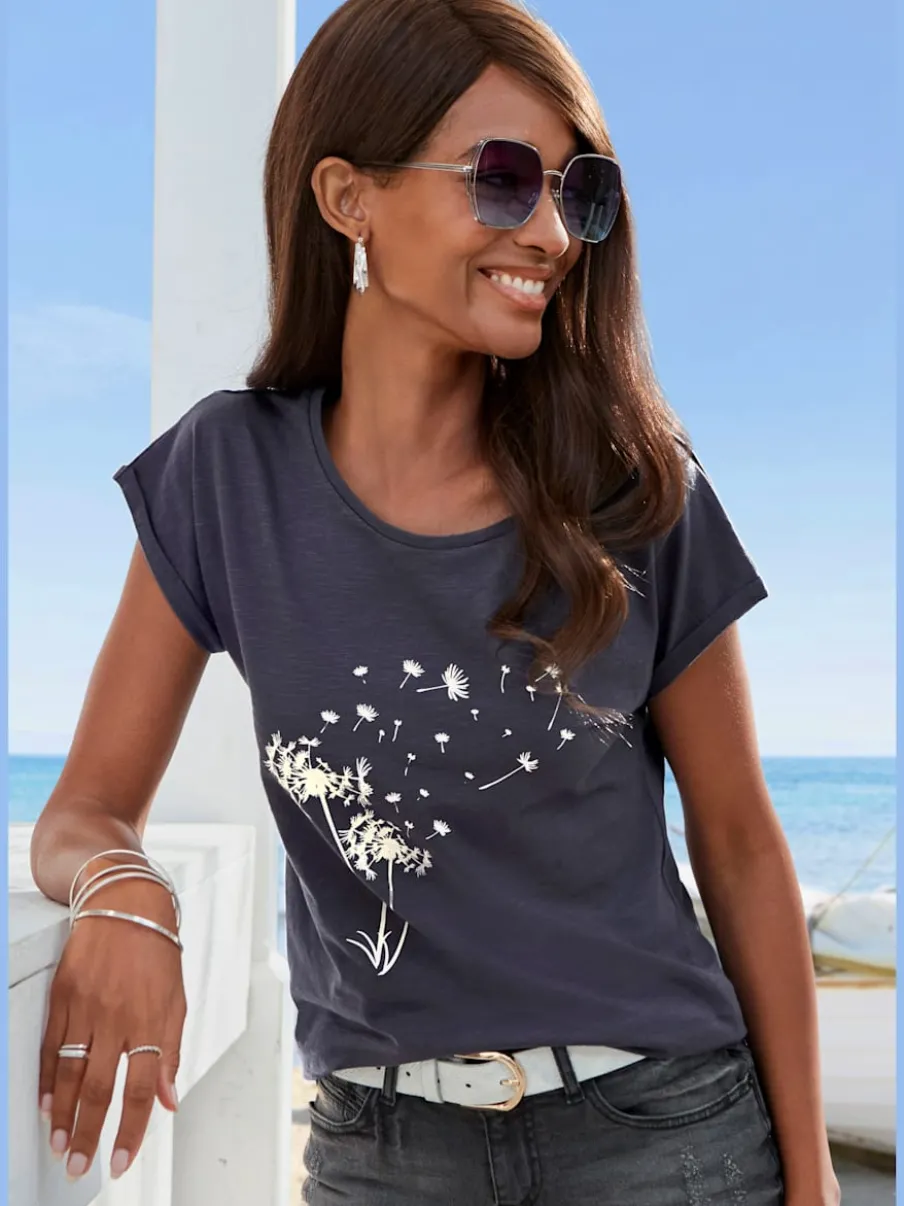 T-shirt ample encolure ronde avec impression pissenlit et manches courtes