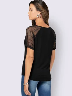 T-shirt avec col en V et empiècements en dentelle