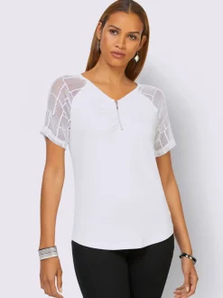 T-shirt avec col en V et empiècements en dentelle