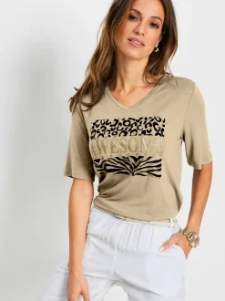 T-shirt avec col V et manches 3/4 à imprimé animal et lettrage brillant