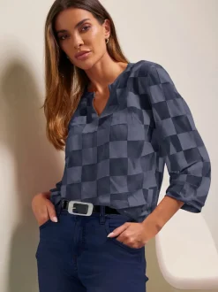 T-shirt avec empiècements à carreaux et manches 3/4