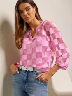 T-shirt avec empiècements à carreaux et manches 3/4