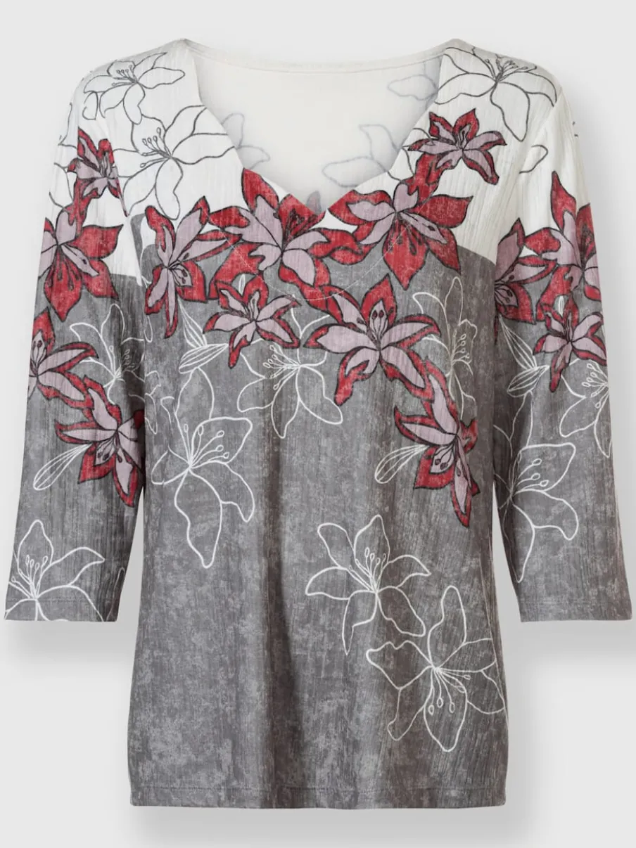 T-shirt avec imprimé floral encolure V et manches trois quarts