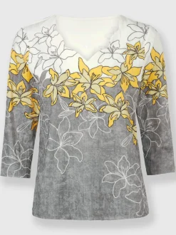 T-shirt avec imprimé floral encolure V et manches trois quarts