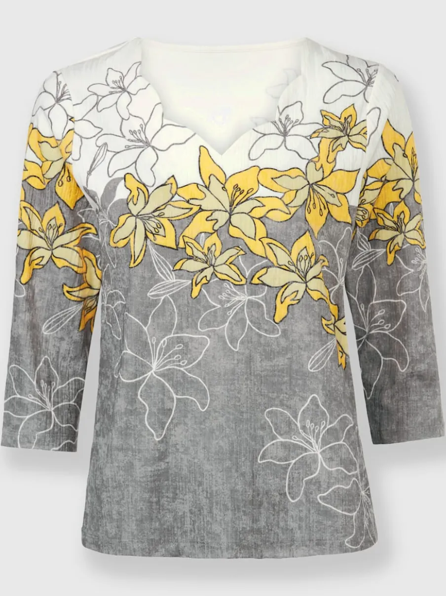 T-shirt avec imprimé floral encolure V et manches trois quarts
