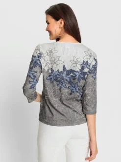 T-shirt avec imprimé floral encolure V et manches trois quarts