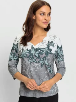 T-shirt avec imprimé floral encolure V et manches trois quarts