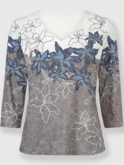 T-shirt avec imprimé floral encolure V et manches trois quarts