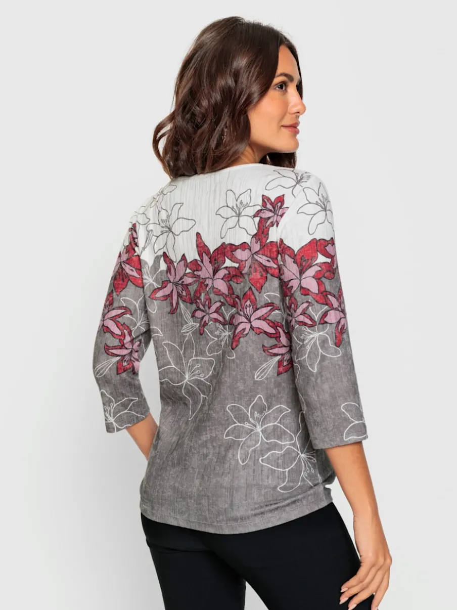 T-shirt avec imprimé floral encolure V et manches trois quarts