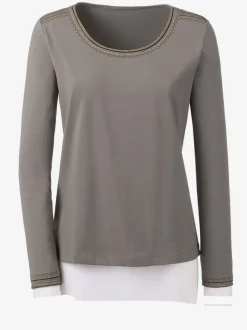 T-shirt brodé coton-modal col rond manches longues avec finition soignée