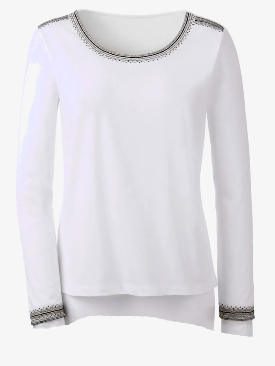 T-shirt brodé coton-modal col rond manches longues avec finition soignée
