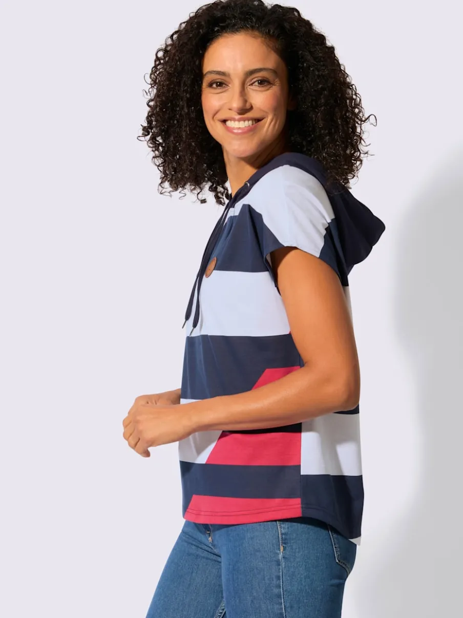 T-shirt à capuche avec motif tricolore et empiècement synthétique