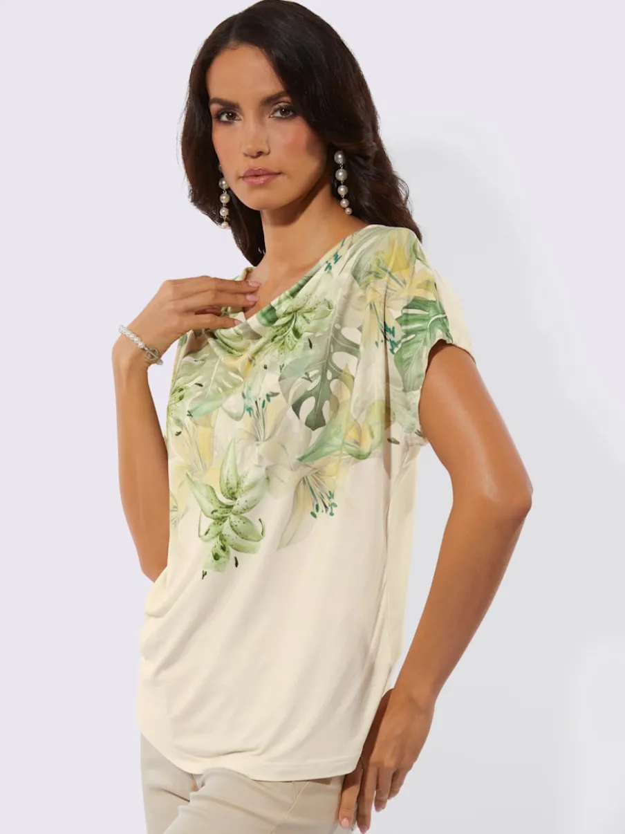 T-shirt à col bénitier avec mancherons et impression florale