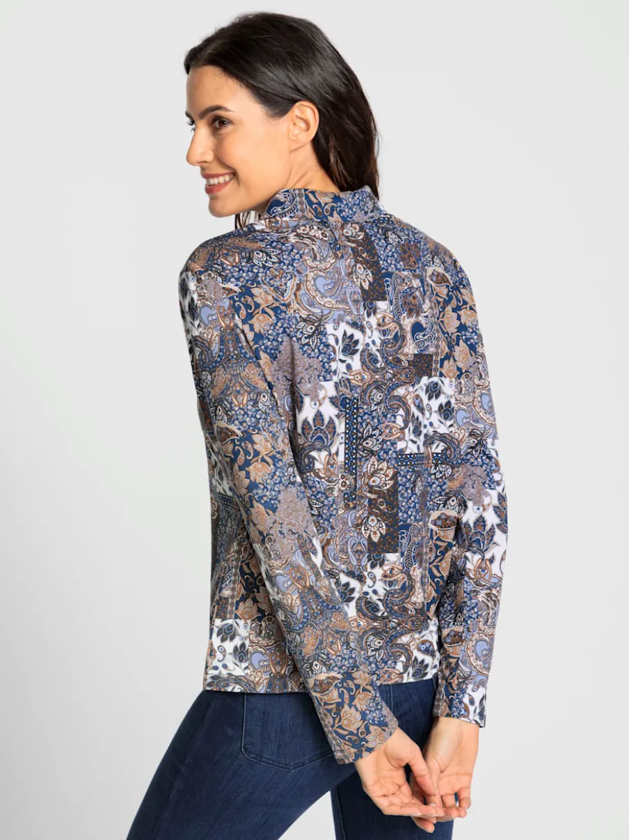T-shirt à col chemise manches longues imprimé paisley