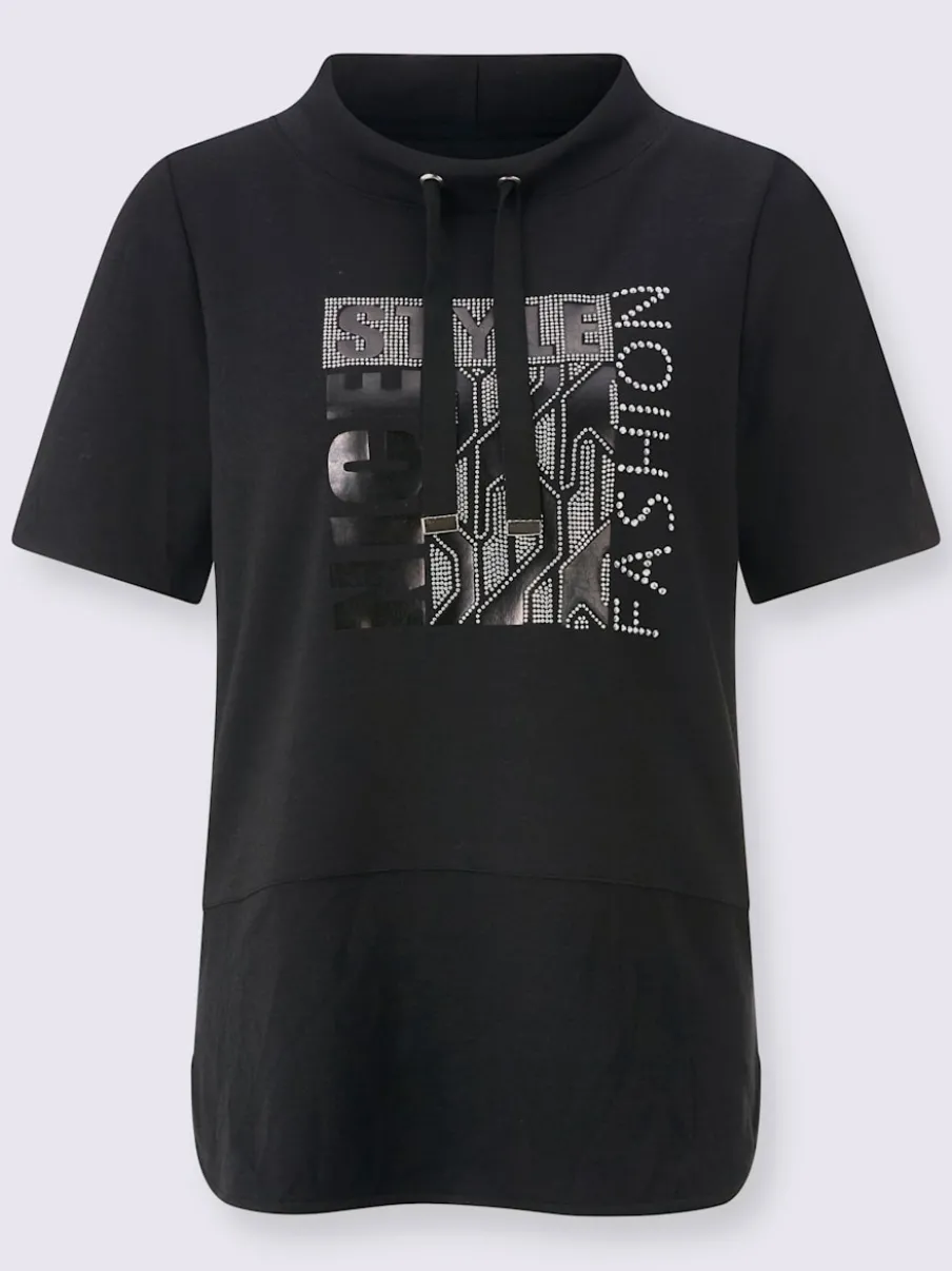 T-shirt à col montant avec imprimé brillant et pierres