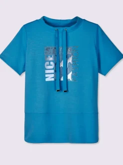 T-shirt à col montant avec imprimé brillant et pierres