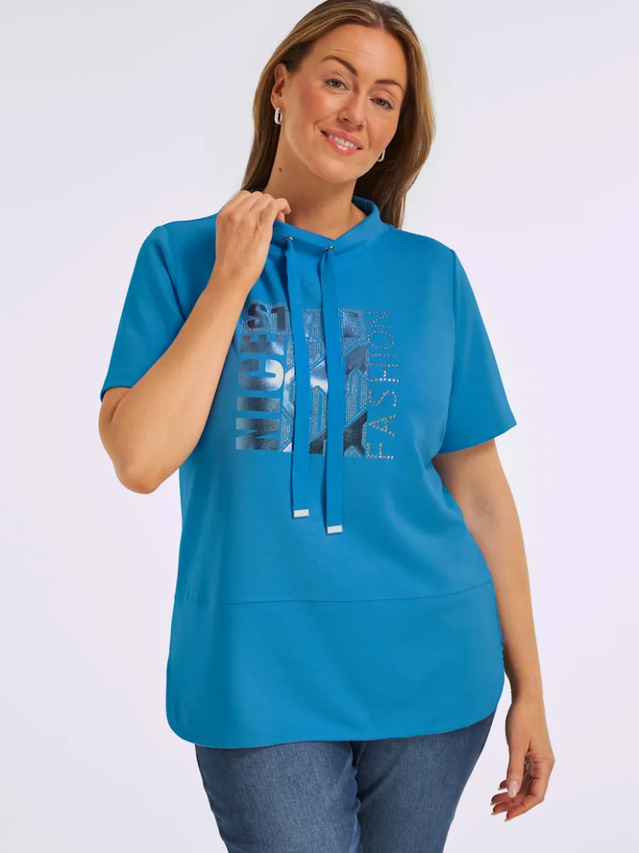 T-shirt à col montant avec imprimé brillant et pierres