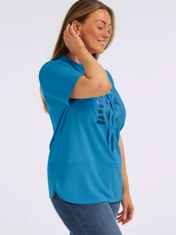 T-shirt à col montant avec imprimé brillant et pierres