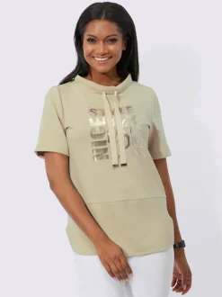 T-shirt à col montant avec imprimé brillant et pierres