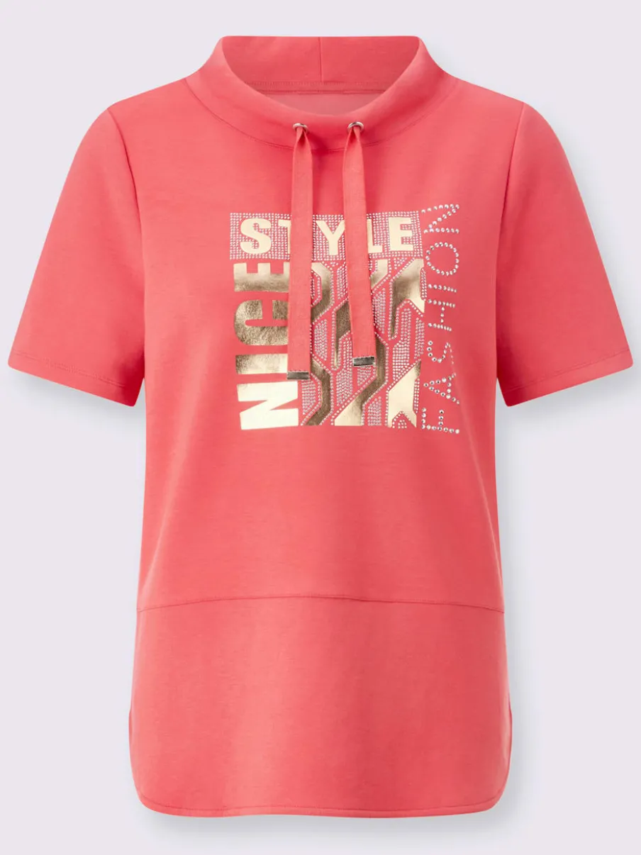 T-shirt à col montant avec imprimé brillant et pierres