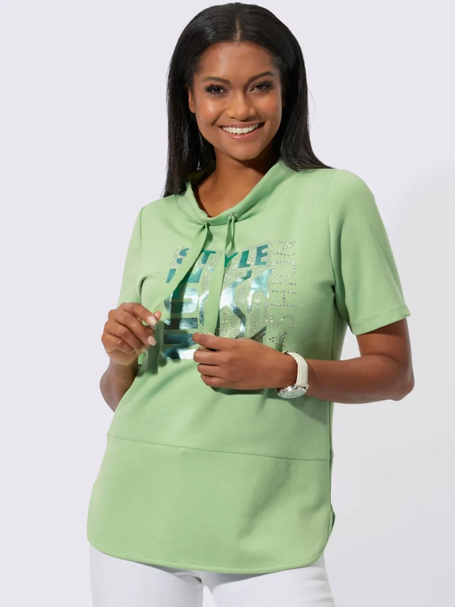T-shirt à col montant avec imprimé brillant et pierres