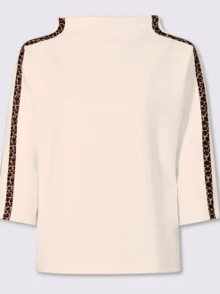 T-shirt à col montant avec manches 3/4 et rayures léopard décoratives