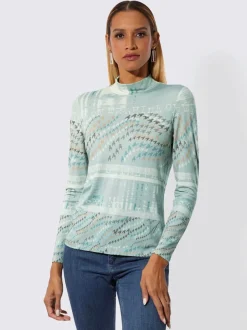 T-shirt à col montant en viscose avec motifs graphiques et manches longues
