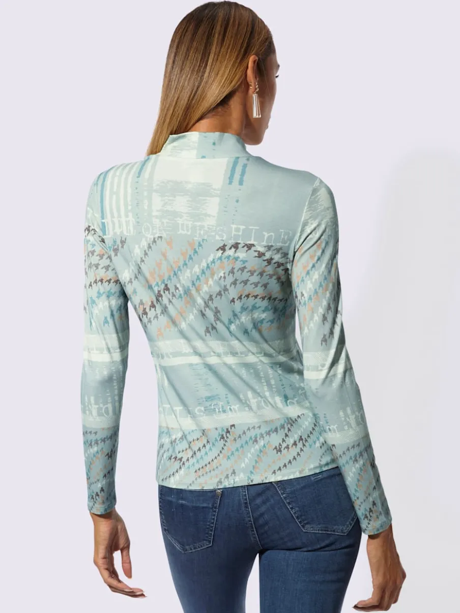 T-shirt à col montant en viscose avec motifs graphiques et manches longues