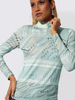 T-shirt à col montant en viscose avec motifs graphiques et manches longues