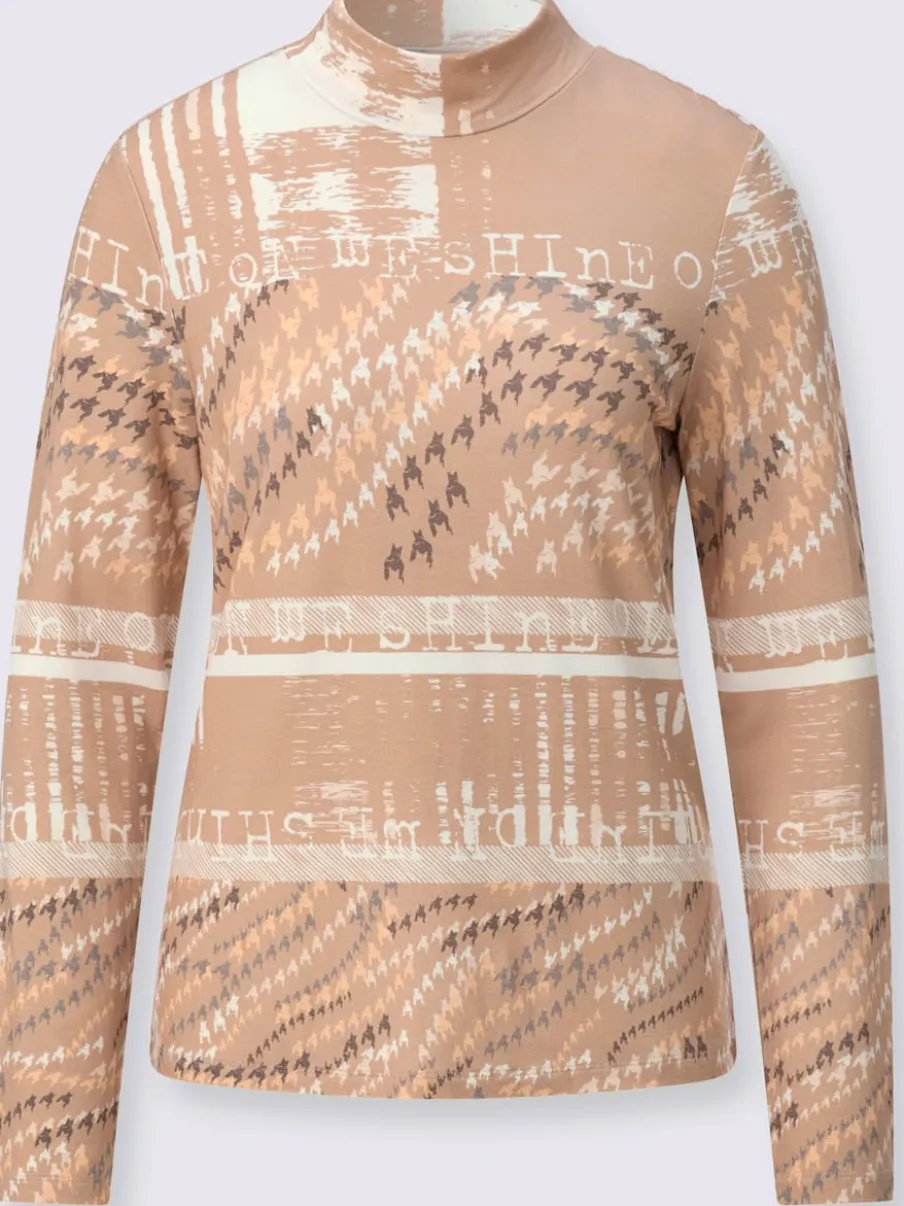 T-shirt à col montant en viscose avec motifs graphiques et manches longues