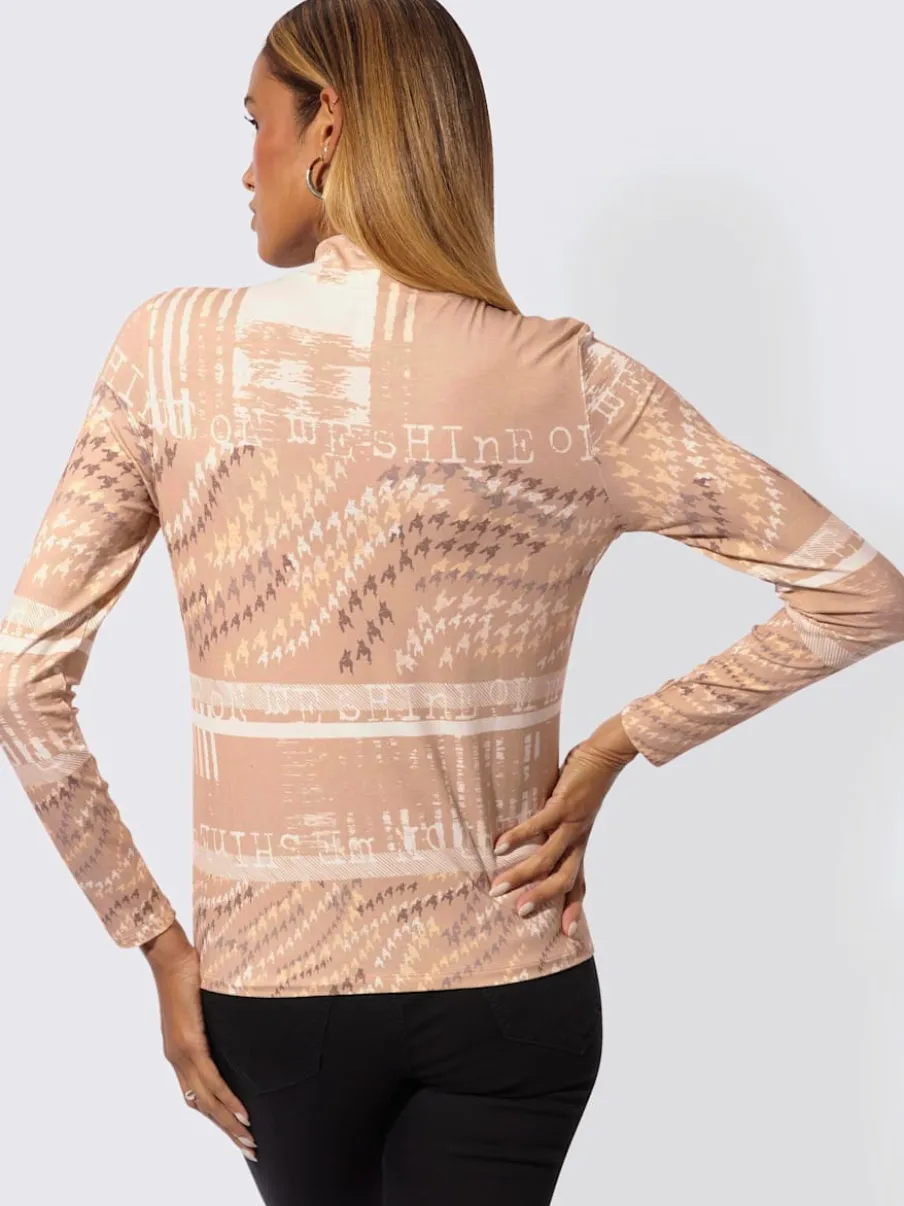 T-shirt à col montant en viscose avec motifs graphiques et manches longues