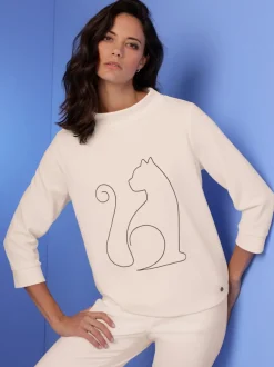T-shirt col montant manches trois quarts motif chat brodé