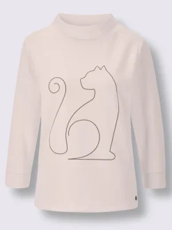 T-shirt col montant manches trois quarts motif chat brodé
