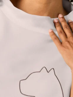 T-shirt col montant manches trois quarts motif chat brodé