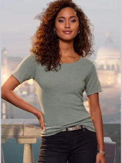 T-shirt à col rond avec bords pailletés raffinés et manches finies