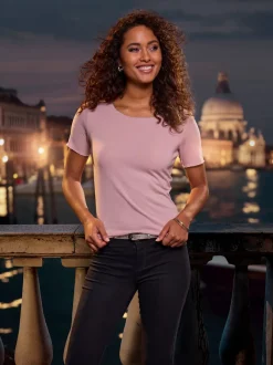 T-shirt à col rond avec bords pailletés raffinés et manches finies